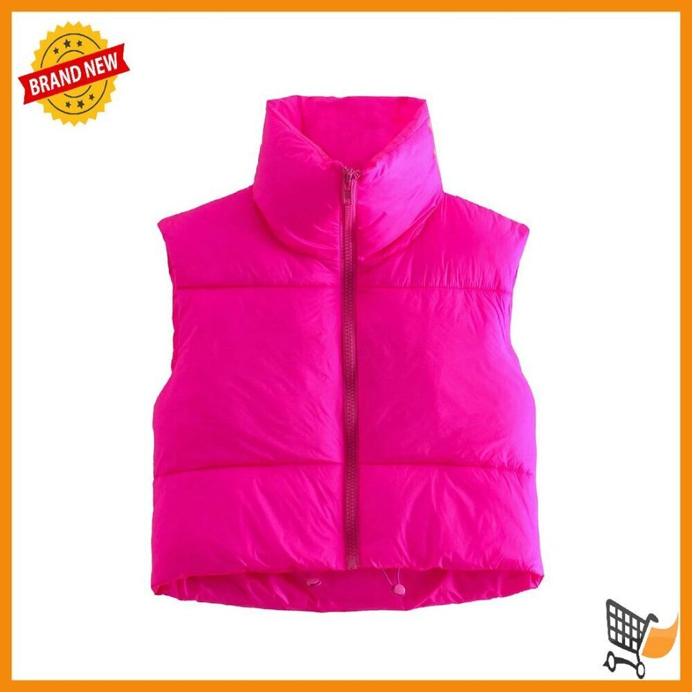 Cropped Puffer Vest Zip Up Stand Collar Sleeveless Padded Women's Size S